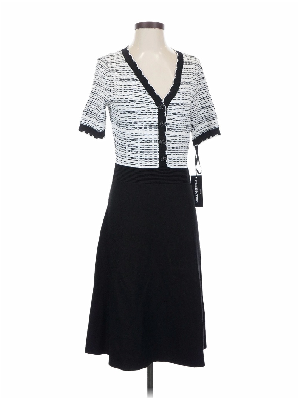 Karl Lagerfeld Black and White Knit V‑Neck Midi Dress